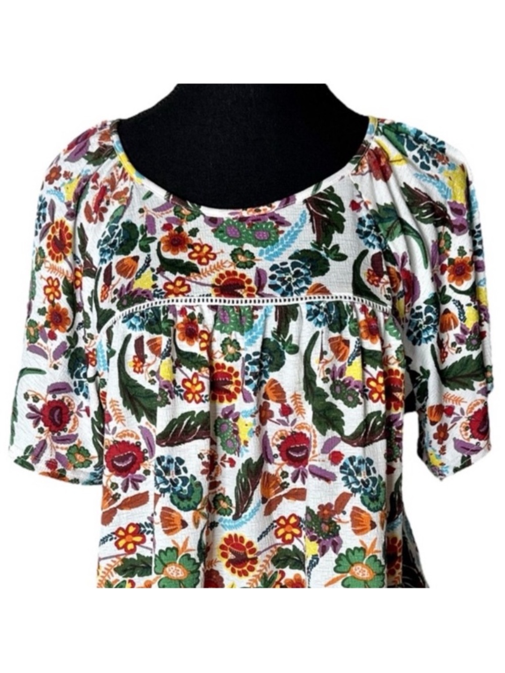 MELLODAY Floral Yoke Trim Short Sleeve Babydoll Top Flowy Size Small